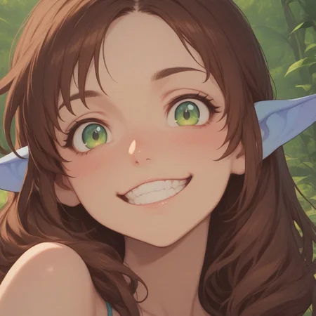 cute, brown hair, green eyes, blue elf ears, blue tail. close up, grinning, master piece.