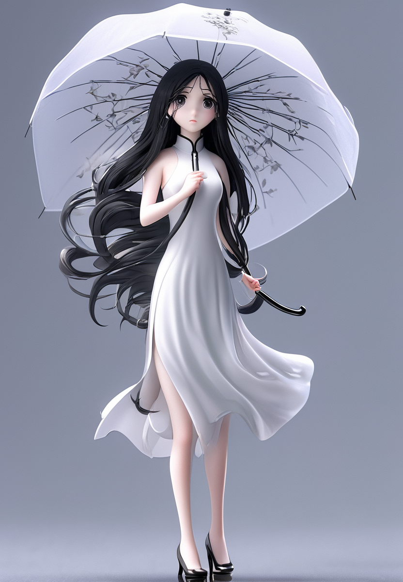 professional 3d model of <lora:baobao_XL_0_-000004:1.5>,baobao,1girl,expression numbness,white cheongsam,scatter long straight black hair,simple background,grey_pupils,high heels,take an umbrella,, octane render, highly detailed, volumetric, dramatic lighting