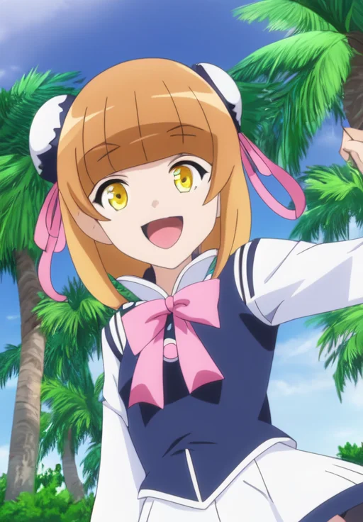 <lora:High_Rosetta:0.8>, High_Rosetta, 1girl, solo, looking at viewer, smile, open mouth, bangs, brown hair, hair ribbon, :d, blunt bangs, tree, parody, palm tree, anime coloring
