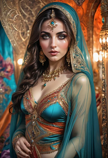 Harem of extraordinarily beautiful, ladies, belly dancers, Veiled with sheer silks vintage, , magical, alluring, sultry, eye catching, bright, OverallDetail, Magical background fantasy, perfect faces and eyes, hyper-detailed hypermaximalist dynamic style