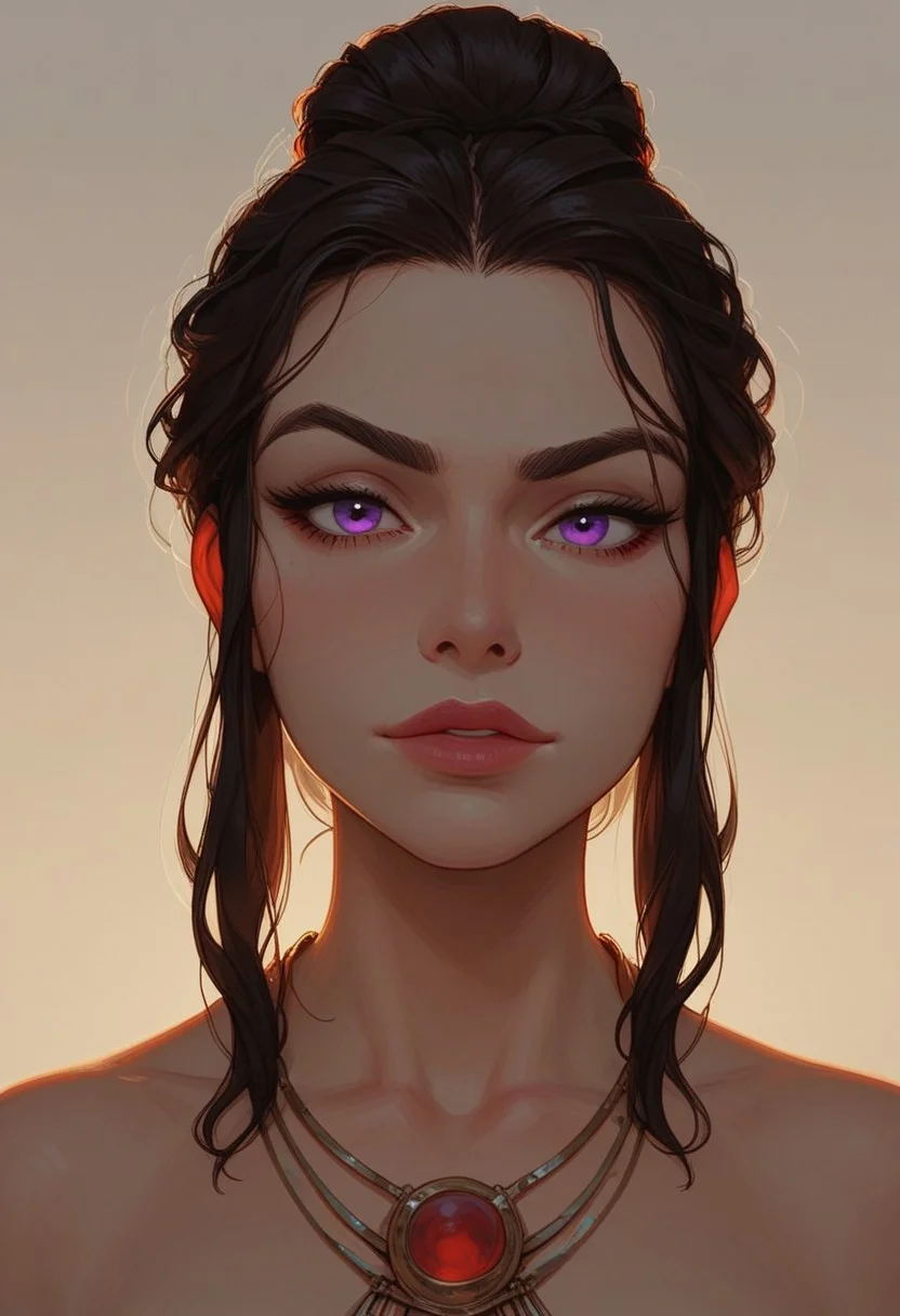 (score_9, score_8_up, score_7_up). ( line work, excellent drawing, highest quality, extremely detailed:1.2). 1woman, milf, Greek Goddess Nemesis, villain, perfect face, beautiful violet eyes, dark hair, bun, red streaks, long lashes, ((split eyebrow)), glossy lips, seductive expression, femdom, dynamic angle, ancient greek dress, g0thicPXL, romantic, cinematic lighting, volumetric lighting, source_cartoon, statuesque,