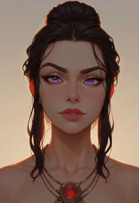 (score_9, score_8_up, score_7_up). ( line work, excellent drawing, highest quality, extremely detailed:1.2). 1woman, milf, Greek Goddess Nemesis, villain, perfect face, beautiful violet eyes, dark hair, bun, red streaks, long lashes, ((split eyebrow)), glossy lips, seductive expression, femdom, dynamic angle, ancient greek dress, g0thicPXL, romantic, cinematic lighting, volumetric lighting, source_cartoon, statuesque,