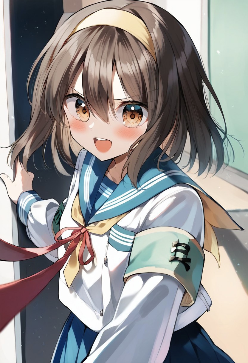 score_9, score_8_up, score_7_up, source_anime, hi res, masterpiece, best quality, highres, rkanime_ps, 1girl, kita high school uniform, sailor collar, school uniform, blue sailor collar, yellow hairband, brown eyes, skirt, hairband, serafuku, winter uniform, smile, neckwear grab, bangs, brown hair, blue skirt, necktie grab, long sleeves, ribbon, open mouth, :d, blush, red ribbon, solo, armband, hair between eyes, looking at viewer, yellow ribbon, v-shaped eyebrows, white shirt