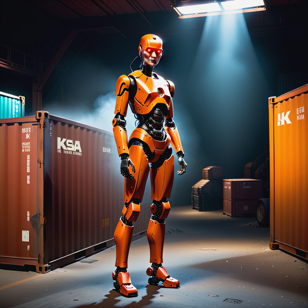 (((photo focus on  chiaroscuro, dark dim scene of cinematic realism film scene still of a red khaki paint (techmaker:1.5) , glowing container box,  , mechanization style.cyberpunk, latex, ceiling, dust, humanoid robot, looking to the side,  frozen iceberg, arctic tundra,  robot joints, biker clothes,  dark background, orange eyes,  . 35mm f1.8 Macro, chiaroscuro key visual, beefy, simple background, by, form, dark background, nightcold theme,( light hologram bodysuit:1.3)
 <lora:TechMaker_v1-e6:1>, grit, (rust:0.65), cracks, cracked surface, subtle messy, dust, weary, edges rusty dusty, surface scratches, peeled sun bleeched paint, smudges, crumbles, rugged, used, color photo, atmospheric, light and shadow, crepuscular, slight athmospheric mist, film, professional, 4k, highly detailed))) !