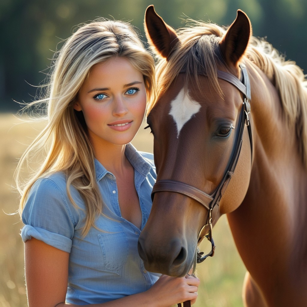An 18-year-old blonde girl stands in a sunlit pasture, gently nuzzling the muzzle of a majestic chestnut horse. She’s wearing well-fitted blue jeans and a short-sleeve, button-up work shirt tied at the waist, giving her a relaxed yet practical farm-girl look. Her golden blonde hair is neatly pulled back into a ponytail, with a few loose strands catching the warm afternoon sunlight. Her piercing blue eyes sparkle with affection as she leans in close, her face nearly touching the horse's, and a soft, serene smile graces her lips. Artful tattoos trace across her exposed arms and peek from beneath her shirt, adding an unexpected layer of personality and charm. The golden light filters through the branches of a nearby oak tree, casting gentle patterns on the grass and wrapping the scene in a dreamy, rustic glow. The connection between girl and horse feels pure and timeless, capturing a perfect harmony of natural beauty, countryside charm, and quiet intimacy.