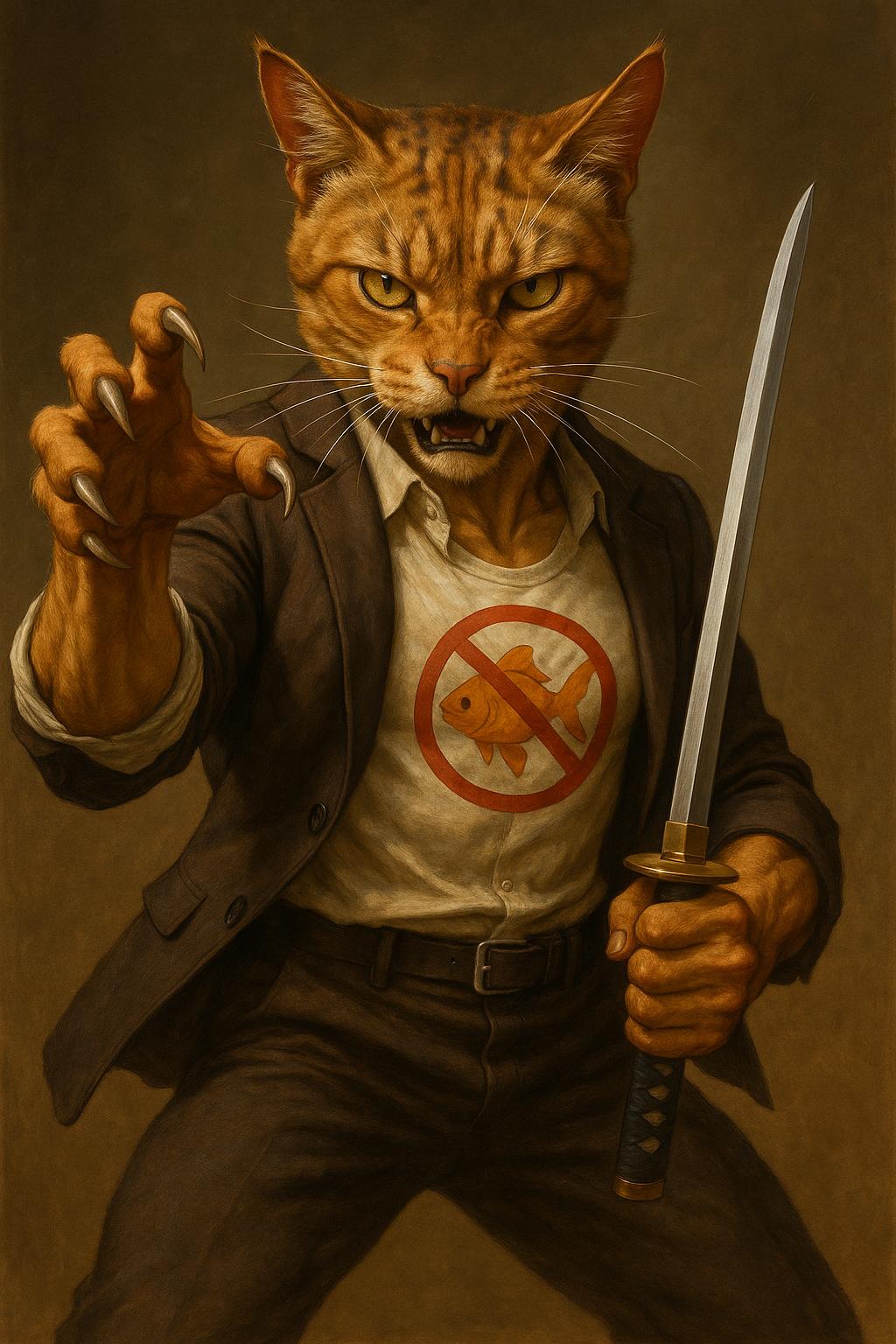 create a samurai cat with lean muscle, wearing a classy suit with rolled up sleeves and muscles. The cat is standing in a fierce triumphant samurai stance with sharpened claws aimed fiercely at the viewer. The cat's shirt has an icon of a goldfish that is crossed out. highest quality, 4k, masterpiece, HDR, natural materials. High quality and stunning image.