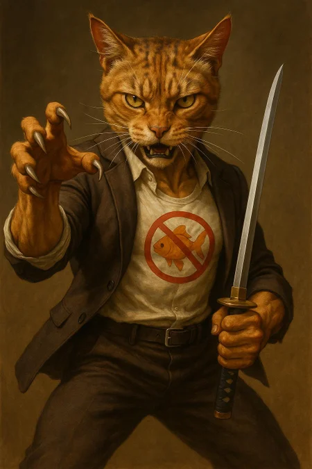 create a samurai cat with lean muscle, wearing a classy suit with rolled up sleeves and muscles. The cat is standing in a fierce triumphant samurai stance with sharpened claws aimed fiercely at the viewer. The cat's shirt has an icon of a goldfish that is crossed out. highest quality, 4k, masterpiece, HDR, natural materials. High quality and stunning image.