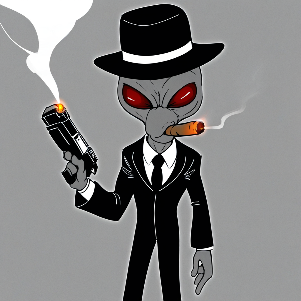 Crypto, grey alien, grey skin, red eyes, holding gun, smoking cigar, formal suit, 1950s clothing, solo, male, fedora, monochrome image,