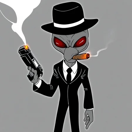 Crypto, grey alien, grey skin, red eyes, holding gun, smoking cigar, formal suit, 1950s clothing, solo, male, fedora, monochrome image,