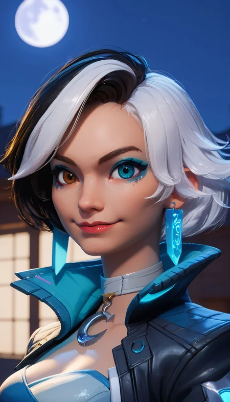 zPDXL3,<lora:LunarCAT_Style:.8>, <lora:LunaMR:.7>,
lunamr, woman, multicolored hair,heterochromia,makeup,brown eye, blue eye, cropped jacket,earrings,choker, looking at viewer, serious, smiling, close up, outside, night time, moon,
