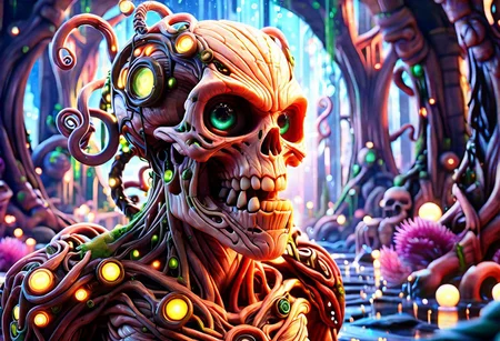 Funny old man with glass cthulhu,cybernetic style Ultimate fusion of technology and allure, Cosmic Cyber Warrior. Embodying the creative genius of Jovana Rikalo, Brandon Woelfel, and Ross Tran, spectacular cosmic landscapes fraught with otherworldly conflict. Shimmering cables course beneath her translucent epidermis, connecting to powerful vertebrae that support a resplendent skull adorned with cascading neon undercut locks. Mysterious constellations twinkle ominously overhead, casting eerie shadows on the ground below. This masterpiece encapsulates the quintessential essence of science fiction, presenting a highly detailed exploration of extraterrestrial themes guaranteed to captivate audiences worldwide. . futuristic, technological, cybernetic enhancements, robotics, artificial intelligence themes,  8k picsmade of ral-mythfrst <lora:ral-mytfrst:1>