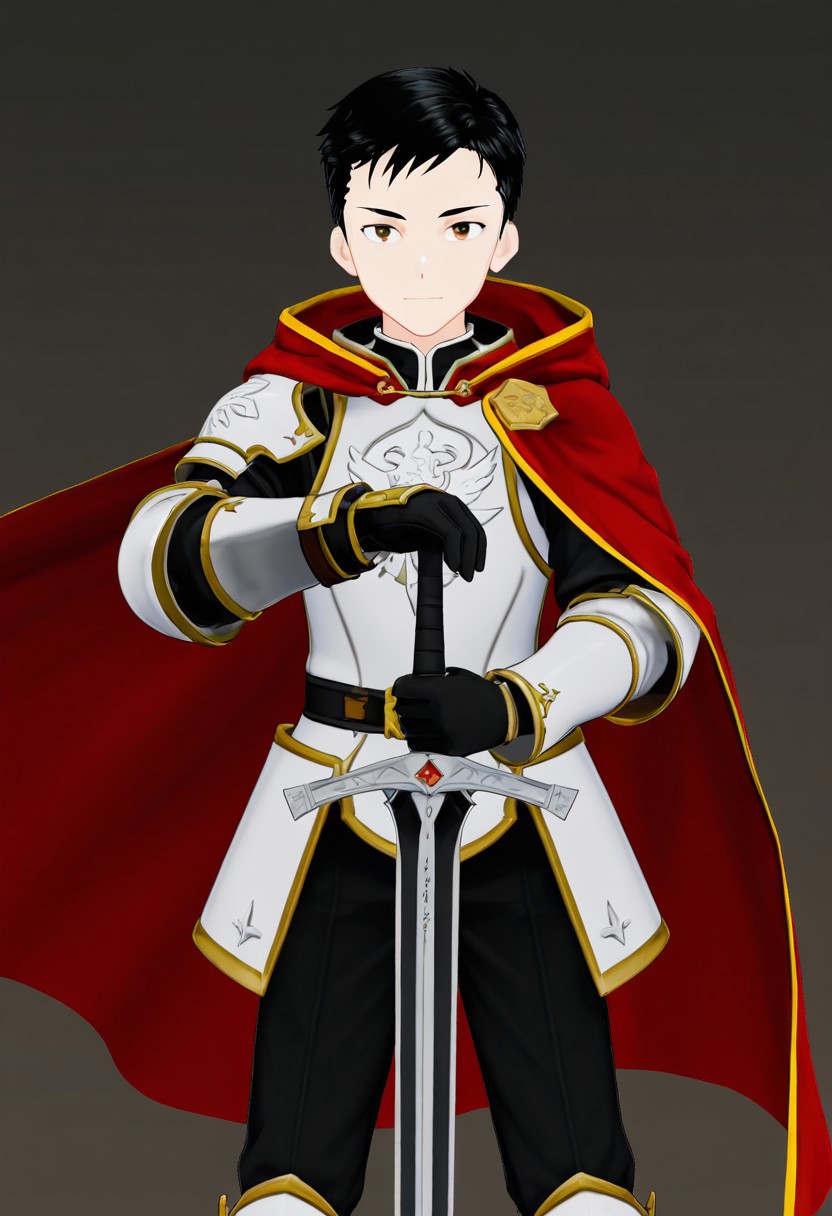 harmard, black hair, short hair, brown eyes, 1boy, solo, solo focus, young, youthful, he is dressed in a suit of dark iron platemail. Break. his right hand is holding up a black coloured sword, Properly holding the sword by the hilt, right hand up, brandishing a sword, his armour bears a crest of a yellow dove. fantasy armour. stylized silver dove emblems and symbols on armour and sheild. Break. epic background is a a beautiful palace. a strong wind is blowing his cape, white coloured armour, ready to fight pose, dawn sky in the background