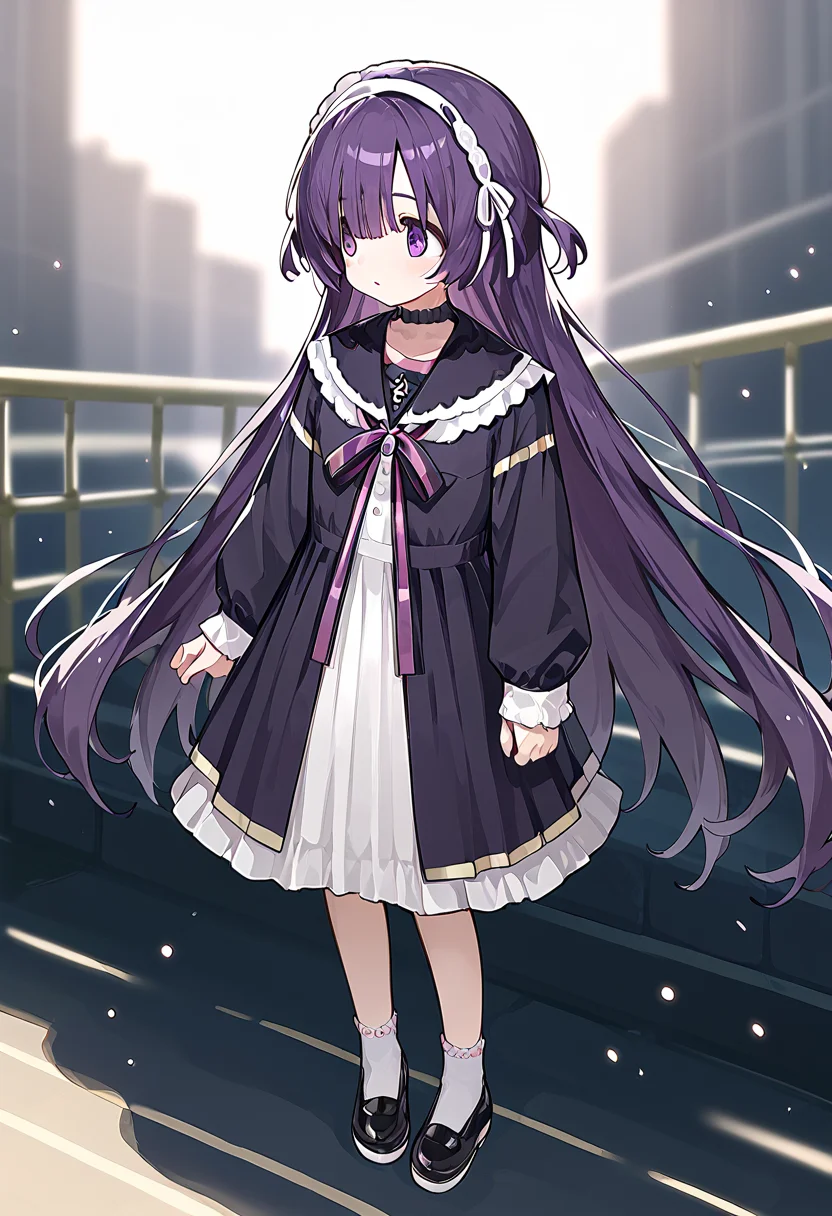 score_9, score_8_up, score_7_up, source_anime, rating:general, <lora:lowres_concept_ponyXL_v1:-0.3>
BREAK,
1girl, solo, <lora:sumeragi_utsutsu_PonyXL_v1:1> sumeragi utsutsu, purple hair, long hair, bangs, purple eyes,
;p,
,
brown classic long maid __socks__ __shoes__,
Establishing Shot, looking afar, From Up, motercycle , Airfield bokeh, depth of field,