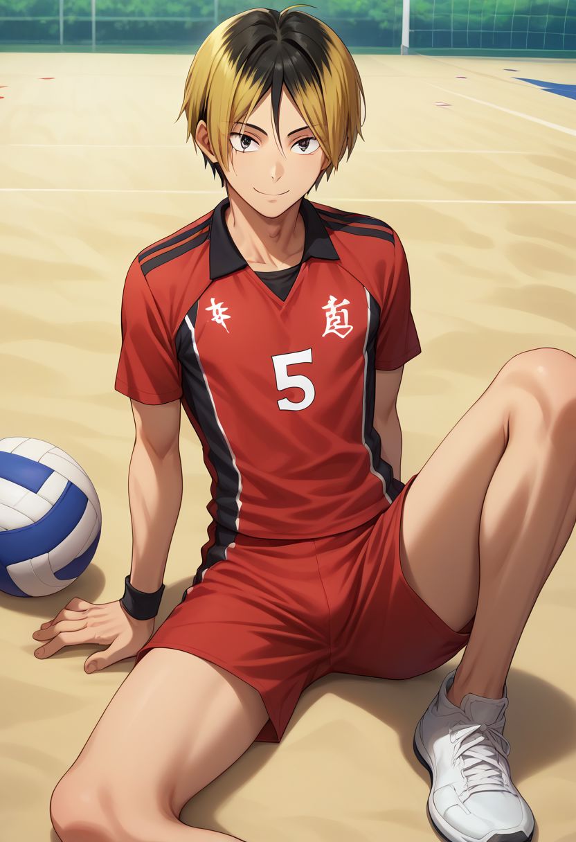 score_9, score_8_up, score_7_up, source_anime, highly detailed, kenma, 1boy, male focus, solo, blonde hair, sportswear, volleyball uniform, multicolored hair, shorts, two-tone hair, black hair, red shorts, slim, lying, sit, short height, smile, looking at viewer, outdoors, bare legs, white sneakers, masterpiece, best quality, best aesthetic, presenting, sexually suggestive, rating_explicit, yaoi,