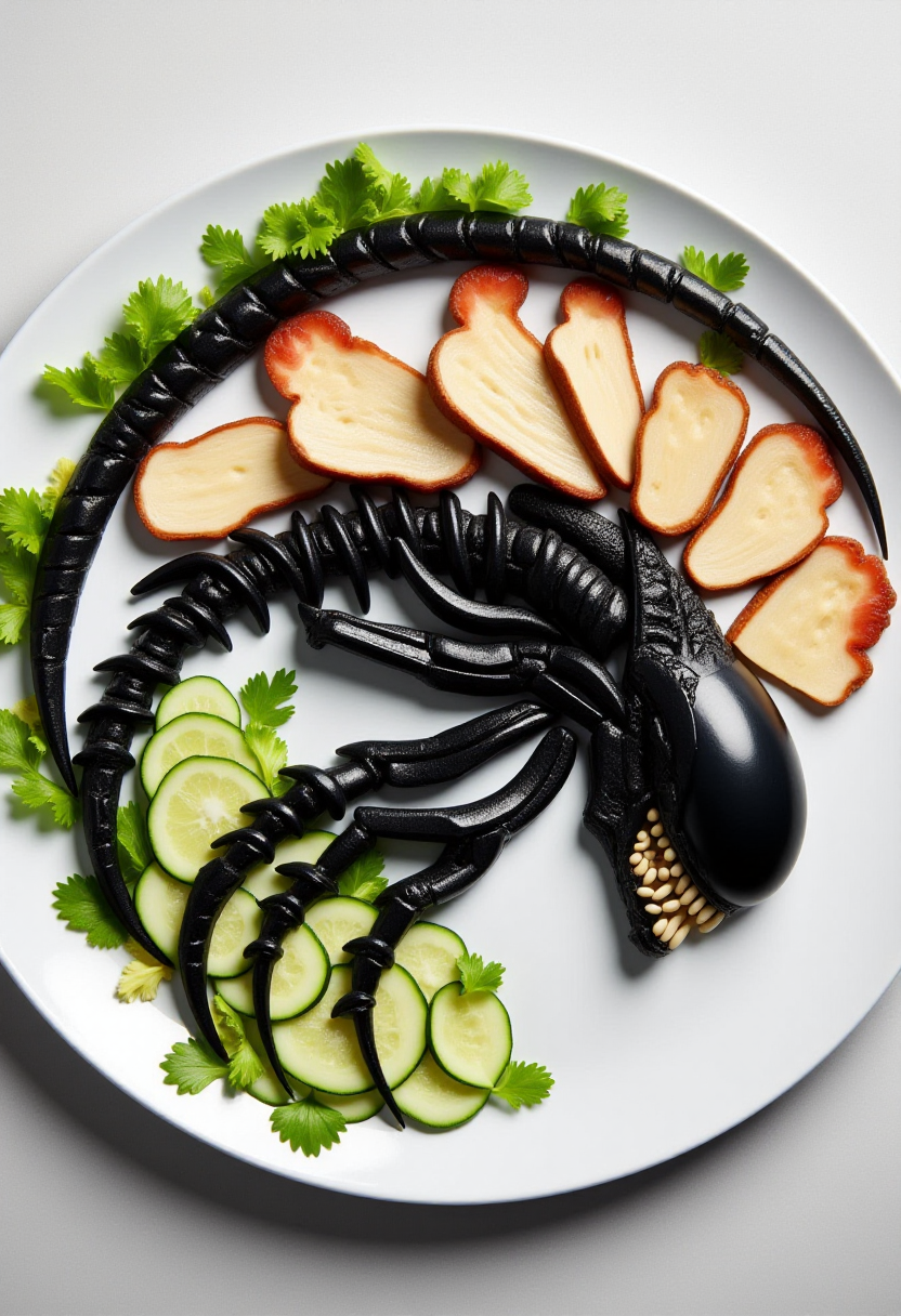 <lora:Food_Formations_FLUX-000016:0.9>
This is a photograph showcasing a meticulously arranged plate of food art on a white plate, designed to resemble a black xenomorph.