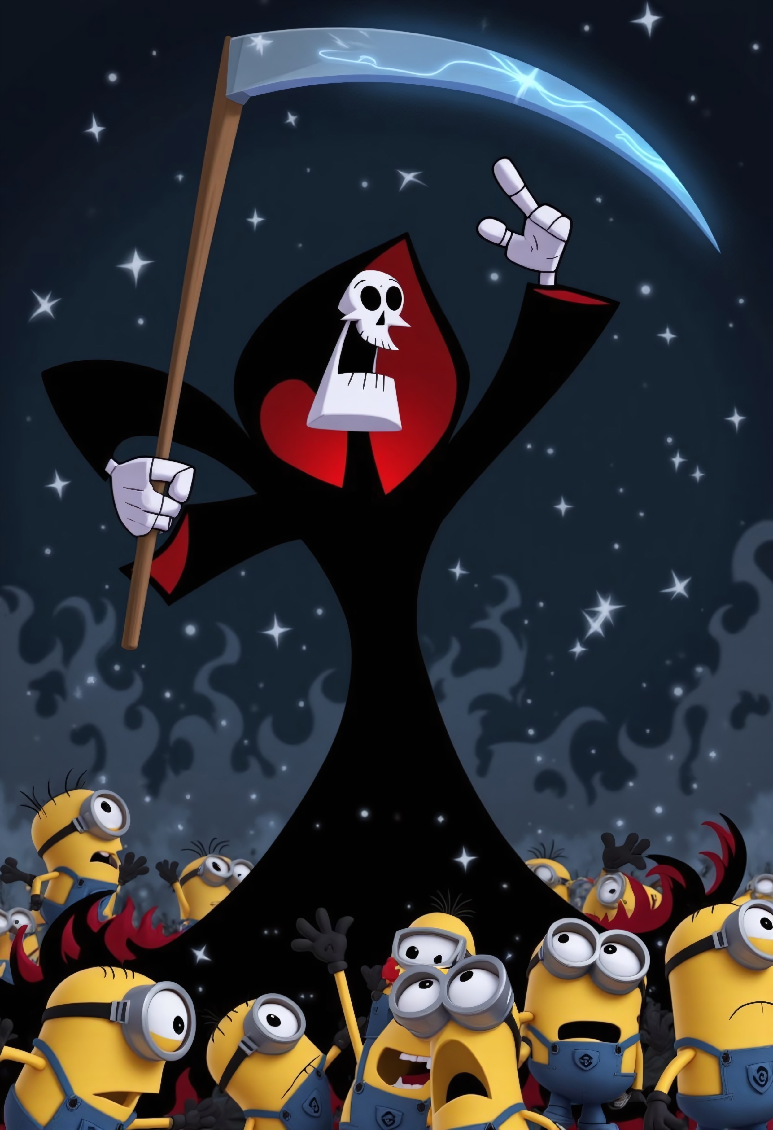 A cartoony Grim, clad in his iconic dark hooded robe, towers menacingly above a group of Minions from Despicable Me. His skeletal face grins ominously as he raises his small scythe high above his head with both hands, casting a long shadow over the tiny, terrified yellow creatures. The Minions, wide-eyed and panicked, scatter in all directions—some tripping over each other, others frozen in fear, their goggles reflecting the eerie glow of Grim’s scythe. The background is dark and moody, with swirling mist at Grim’s feet, emphasizing his towering and otherworldly presence. 