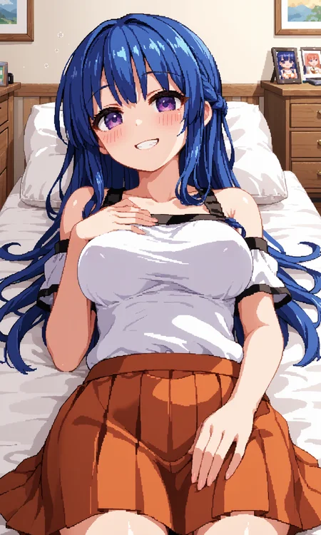 score_9, score_8_up, score_7_up, BREAK source_anime, masterpiece, anime screencap, shiny skin, official style, illustration,
8k, highres, incredibly_absurdres,
insanely detailed, anatomically correct, best perspective,
<lora:Aduare Style Pony:0.35>,
pixel art,
1girl, (Beautiful Breasts, natural breasts:1.2),
grin,
selfiemirror,
from below,
sharp focus, colorful,
blush, Drunk ,
looking back,
hand on chest ,
lying, on back ,
long hair,blue hair,purple eyes, shirt,skirt,bare shoulders,
Room, girls room, cute room,
<lora:Summer_Memoriesãã¾ããã¼_Doujin_OtomeHentai_Game_Art_Style:0.85>