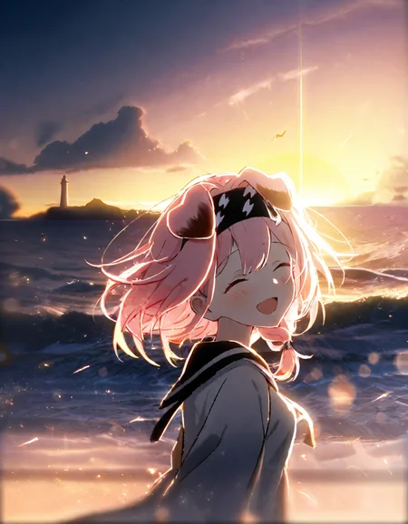 1girl,
goldenglow \(arknights\),
cat ears, solo, blush, backlighting, blurry, crescent moon, dark, depth of field, film grain, hill, horizon, moon, outdoors, railing, sky, sunrise, water, wind, moody eerie, sunlight, :d, long hair, ocean, animal ears, open mouth, braid, smile, cat girl, hairband, horizon, cloud, sun, side braid, lighthouse, lens flare, hair between eyes, closed eyes, ^_^, pink hair, bokeh, chromatic aberration, lightning bolt print, signature, reflection, diffraction spikes, from behind, beach, lightning, ocean, facing viewer, upper body, black hairband, artist name, evening, long sleeves, dawn, city, facing back, happy,
masterpiece, best quality, safe
<lora:yy_xl_v1-000030:1>