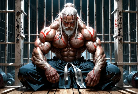Powerful scary body builder sitting in his cell, old, white long hair, beard, toned muscles, scars, scary, glowing eyes, red lightning aura, behind bars, prisoner, perfect anatomy, approaching perfection, dynamic, highly detailed, smooth, sharp focus, art by Carne Griffiths and Wadim Kashin, trending on artstation, sharp focus, intricate details, highly detailed, by greg rutkowski, mysterious, epic, cinematic, digital art, 4k, <lora:EpicF4nta5yXL:0.8>