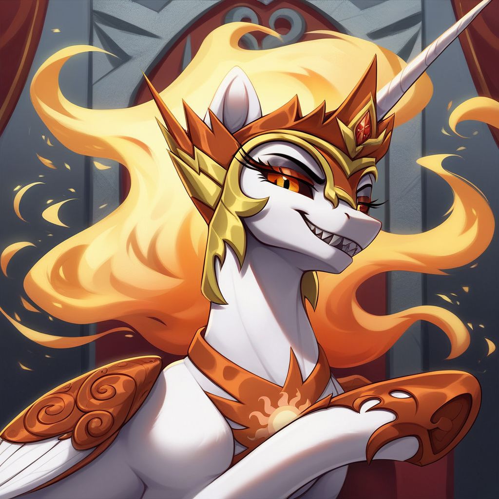 score_9, score_8_up, score_7_up, score_6_up, score_5_up, score_4_up, Daybreaker, Equestria at War, HOI4, pony, alicorn, g4, Female, Feral, Lounge On Throne Lounge On Side, Portrait of a leader, Ruler of the Solar Empire, (Athletic:1.3), Evil bedroom eyes, Looking At Viewer, Sadistic Smile, Sharp teeth, Throne Hall Interior, Extreme Detailed Background, Tail, the quality of ai art is frightening
