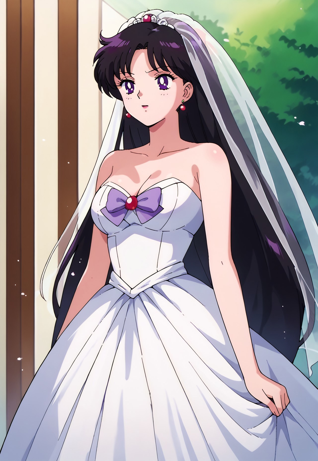score_9, score_8, score_7, source_anime, wedding dress, rei hino, black hair, diadem, long hair, purple eyes, parted bangs, mature female, solo