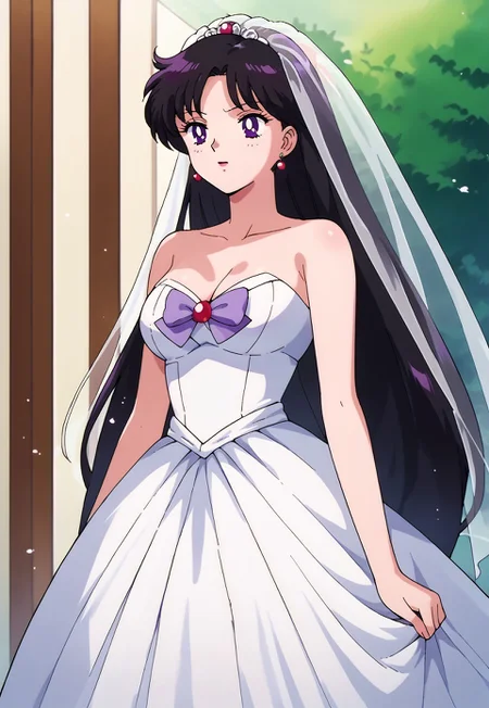score_9, score_8, score_7, source_anime, wedding dress, rei hino, black hair, diadem, long hair, purple eyes, parted bangs, mature female, solo