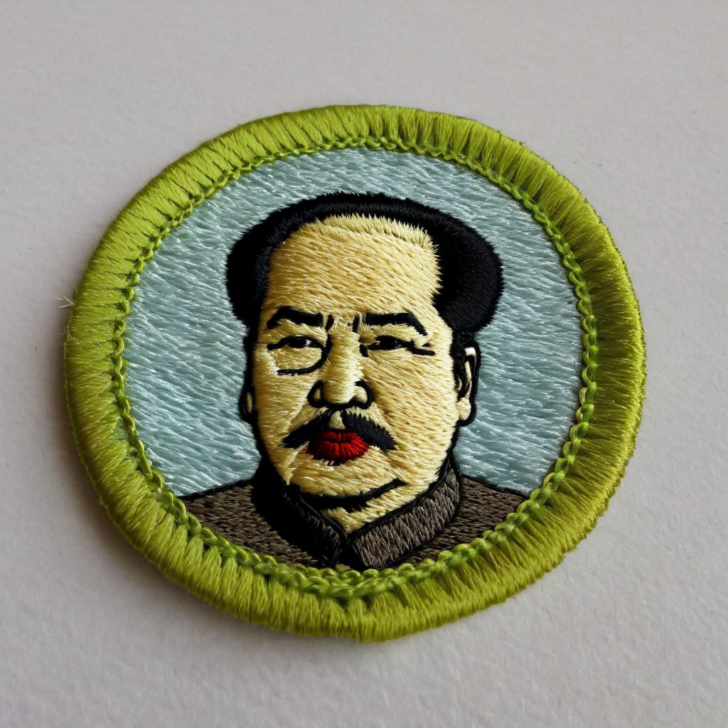 embroidered patch of Mao Zedong , in meritbadge style, simple background, extremely detailed <lora:meritbadge_StyleXLv7.0:1>