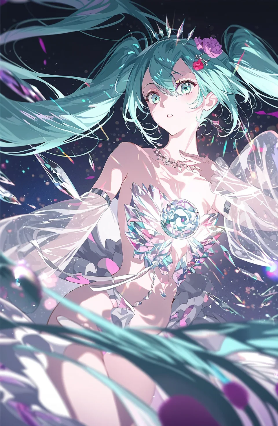 (((hatsune miku))),artist:rella,fajyobore,[[yoneyama mai]],[[ask (askzy)]],redum4,saihate (d3),miwano rag,[[[mignon]]],year 2023,extremely exquisite female facial description,(((ice princess))),(revealing clothes),see-through sleeves,detached sleeves,necklace,hair flower,hairpin,strong picture,eye reflection,high contrast,colorful,detailed light,light leaks,sunlight,shine on girl's body,bokeh,blurry foreground,ray tracing,lens flare,cinematic lighting,