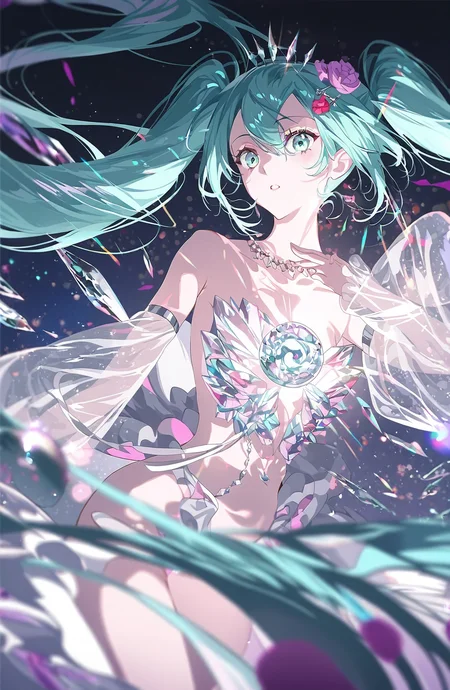 (((hatsune miku))),artist:rella,fajyobore,[[yoneyama mai]],[[ask (askzy)]],redum4,saihate (d3),miwano rag,[[[mignon]]],year 2023,extremely exquisite female facial description,(((ice princess))),(revealing clothes),see-through sleeves,detached sleeves,necklace,hair flower,hairpin,strong picture,eye reflection,high contrast,colorful,detailed light,light leaks,sunlight,shine on girl's body,bokeh,blurry foreground,ray tracing,lens flare,cinematic lighting,