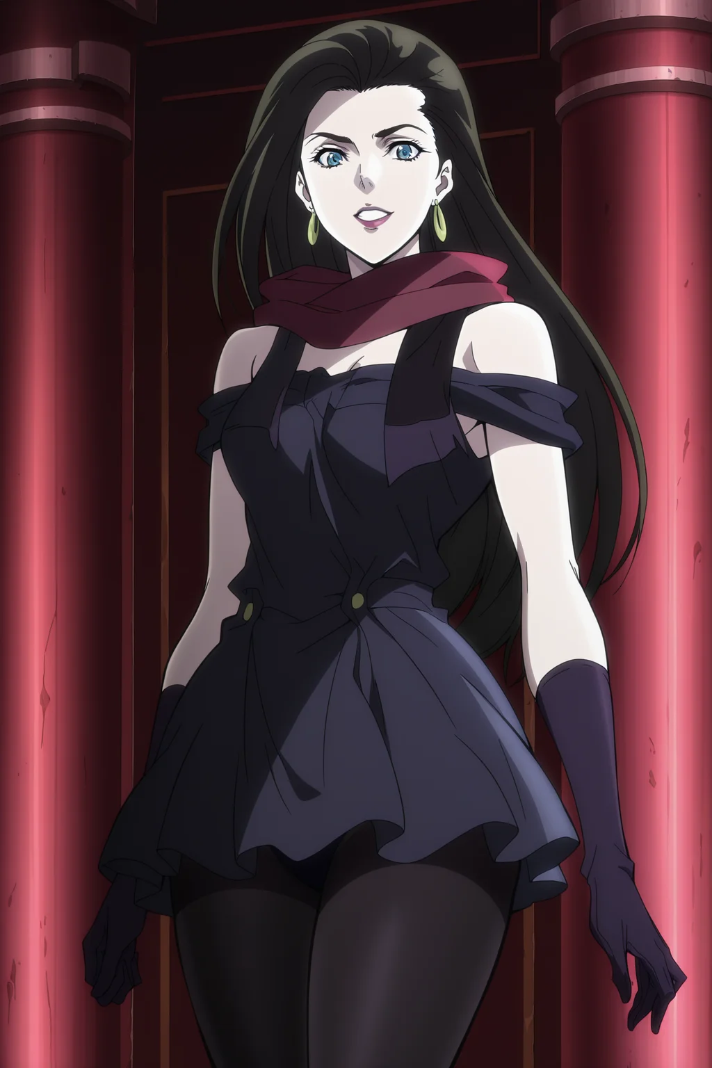 anime screencap, anime coloring, detailed face, masterpiece, best quality, very aesthetic, absurdres, volumetric lighting, official style, amazing quality, ultra detailed, highres, amazing quality, scenery, beautiful detailed hair, beautiful detailed eyes,
<lora:JoJos_Bizarre_Adventure_Battle_Tendency_JoJos_Bizarre_Adventure_Battle_Tendency_-_11_Outfits:1>
Outfit 8 Spandex Tights, Lisa Lisa (character), 1girl, pantyhose, solo, off-shoulder dress, black hair, gloves, long hair, red scarf, off shoulder, jewelry, blue eyes, dress, earrings, black pantyhose, open mouth, grin, looking at the viewer, cowboy shot