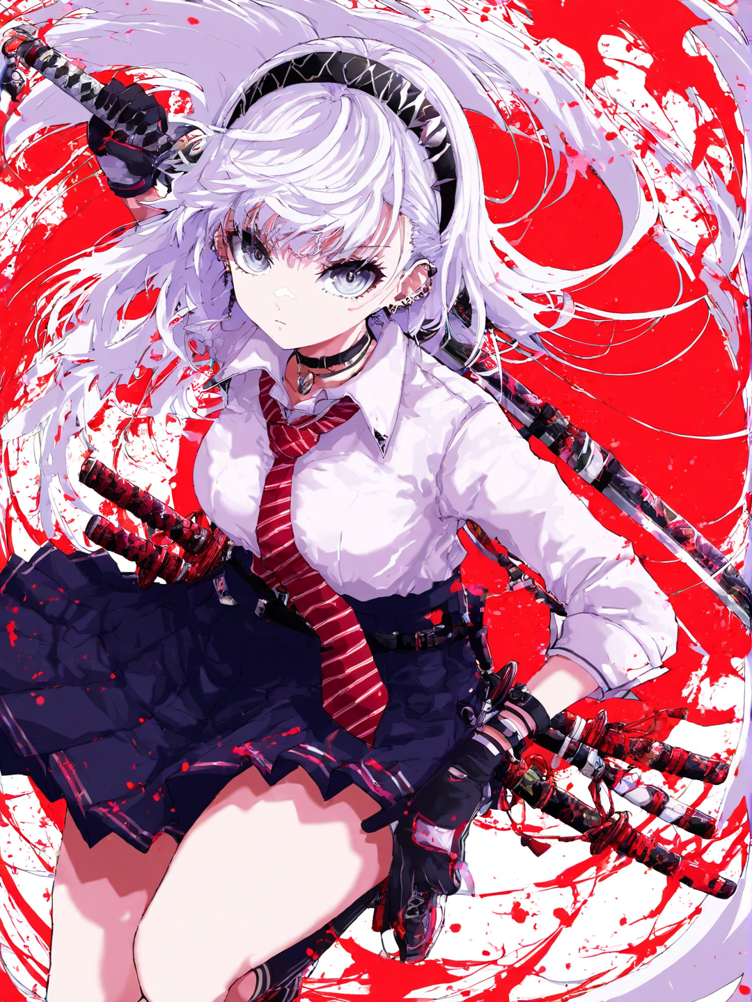 <lora:Osu250130:1>,Osu,1girl,weapon,sword,necktie,solo,long hair,katana,shirt,holding weapon,holding,red necktie,collared shirt,socks,earrings,gloves,grey eyes,holding sword,jewelry,white shirt,black hairband,white hair,skirt,hairband,choker,looking at viewer,ear piercing,piercing,striped necktie,