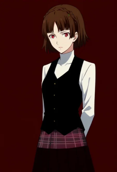 (source_anime), 1 girl, solo, nsfw, aged up, defMako, p5makoto, niijima makoto, short hair, bangs, brown hair, long sleeves, uniform, pantyhose, pleated skirt, turtleneck, plaid skirt,crown braid,uniform, black vest,