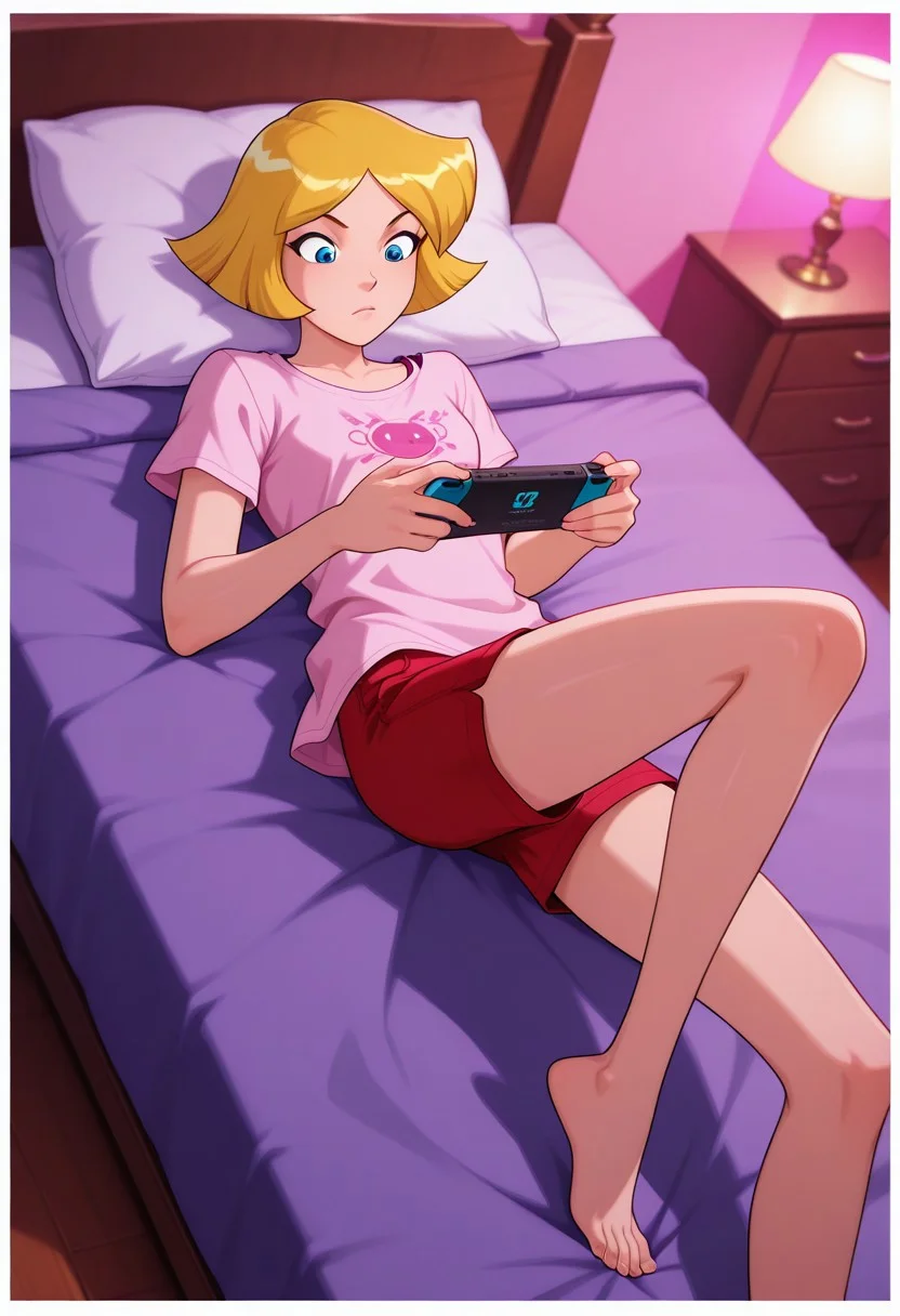Score 9, Score 8, Score 7, Masterpiece, High Quality, Good Quality, Latest Model, High Resolution, Absurd, ((White Border)), Cinematic Lighting, High Contrast (Rim Light: 0.6), Dynamic Vision, <lora:illustriousXL_stabilizer_v1.23:0.3> <lora:NOOB_vp1_detailer_by_volnovik_v1:0.3> <lora:ponyv6_noobE11_2_adamW-000017:0.45> <lora:checkpoint-e18_s306:1.5> <lora:haiz_ai_illu:0.7>, Vibrant Colors, Bright Color, Dynamic Pose, Dynamic Angle, Dynamic Composition, Dynamic Colors, Colorful Image, High Contrast, Saturated Colors, Thick Line, Bright Colors, Good Lighting, Color Saturation, masterpiece, best quality, source_hentai, medium shot, 
 1girl, solo,cl0ver_totally_spies, short hair, blonde hair, blue eyes,
texting, lying in bed, girl's room, pink lighting, red shorts, pink baggy shirt, barefoot, gossip,