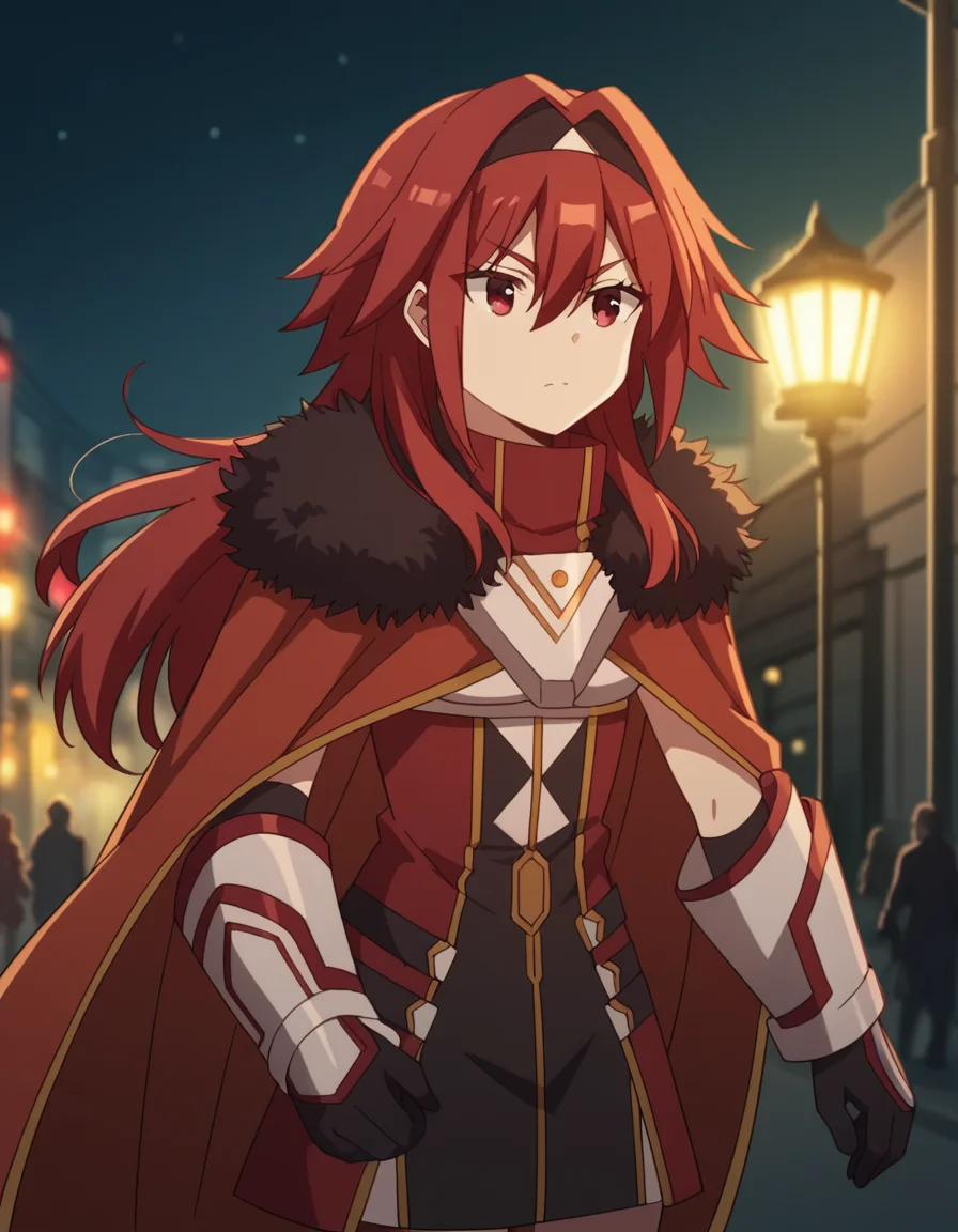 score_9, score_8_up, score_7_up, source_anime, <lora:bofuri-mii-s2-ponyxl-lora-nochekaiser:1>, mii, long hair, bangs, red eyes, hair between eyes, sidelocks, red hair, hairband, black hairband,, gloves, black gloves, cape, armor, fur trim, red cape,, city street, evening, streetlights, walking dog, quiet neighborhood, gentle breeze, , , foot forward, hand on shoulder, elbow out, solo,, cowboy shot, dutch angle