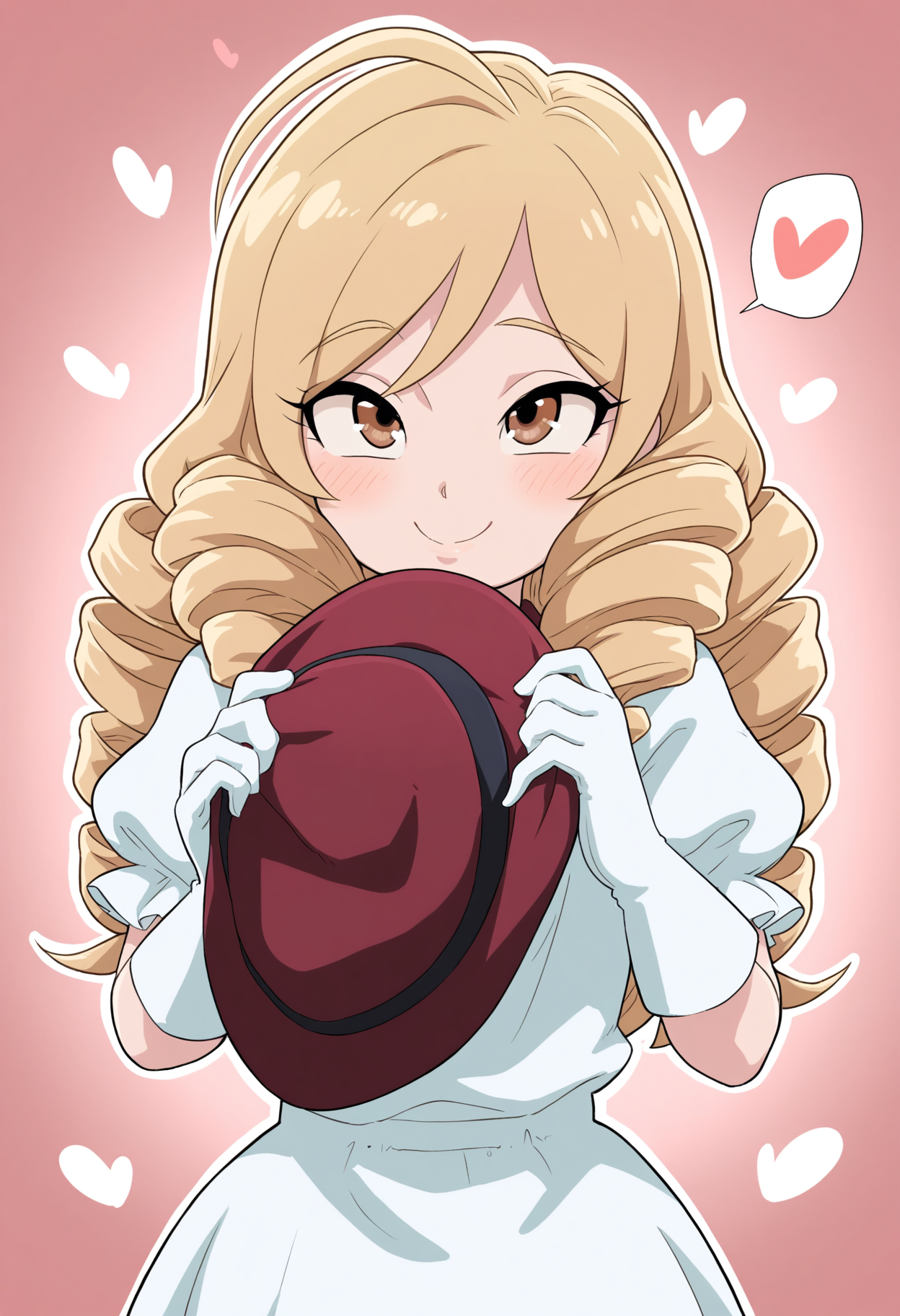 masterpiece,best quality,amazing quality,
1boy, male focus, otoko no ko, solo, drill hair, hat, gloves, long hair, blonde hair, heart, smile, brown eyes, crossdressing, hat removed, headwear removed,
 <lora:Ketsumoa:1>
