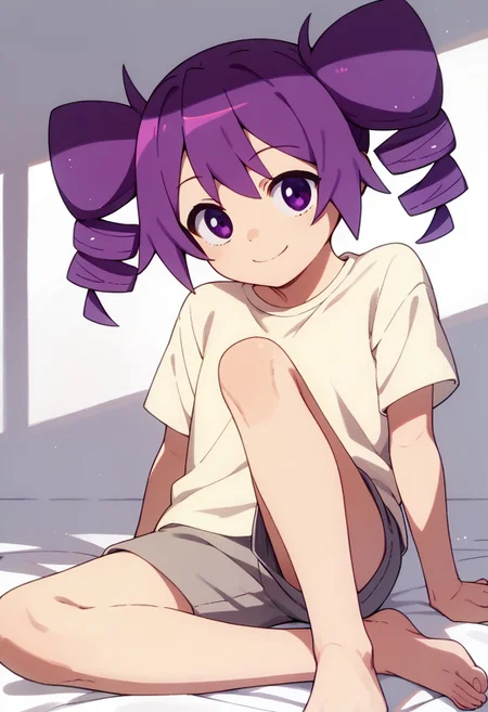 score_9, score_8_up, score_7_up BREAK Otachan, 1girl, purple hair, hair drills, purple eyes, short-sleeved light yellow shirt, gray shorts, barefoot, smiling at viewer,