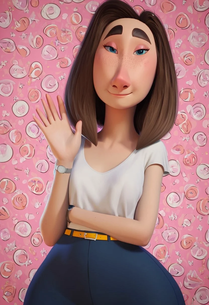 sarah (meetmyfamily), 1girl, long face, blue eyes, thick eyebrows, freckles, brown hair, medium hair, bob cut, white tucked in shirt, short sleeves, yellow belt, tight blue jeans, black high-heels, grey wristwatch, curvy, wide hips, thick thighs, score_8_up, score_7_up, BREAK, 1girl, solo, looking at viewer, cute, smiling, smug, shy, waving at viewer, female focus, looking at viewer, detailed background, 4k, masterpiece, best quality, highly detailed, realistic, 3d, full shot