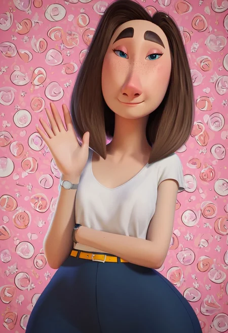 sarah (meetmyfamily), 1girl, long face, blue eyes, thick eyebrows, freckles, brown hair, medium hair, bob cut, white tucked in shirt, short sleeves, yellow belt, tight blue jeans, black high-heels, grey wristwatch, curvy, wide hips, thick thighs, score_8_up, score_7_up, BREAK, 1girl, solo, looking at viewer, cute, smiling, smug, shy, waving at viewer, female focus, looking at viewer, detailed background, 4k, masterpiece, best quality, highly detailed, realistic, 3d, full shot