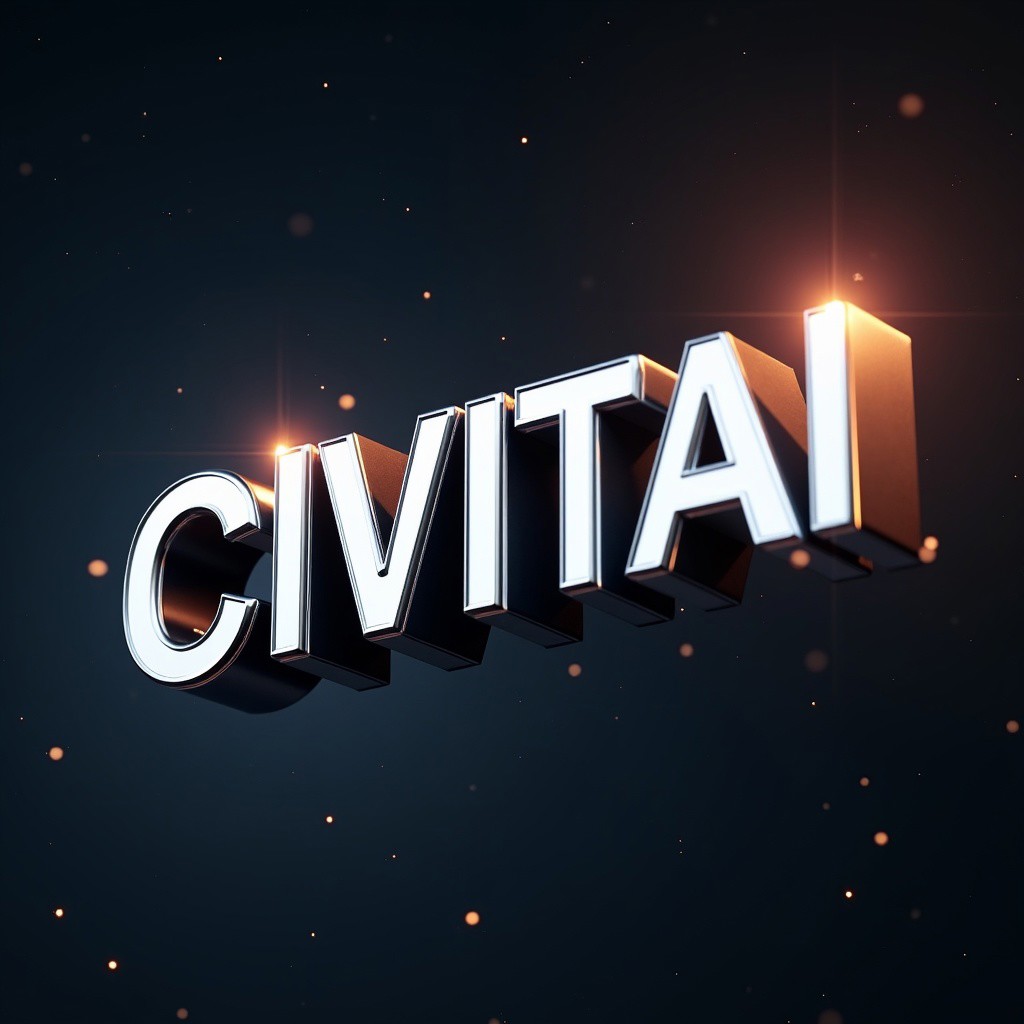 In space, the word "CIVITAI" made out of thick shiny metal floats. It is angled dynamically in 3D. There are lens flares on the edges of the word.