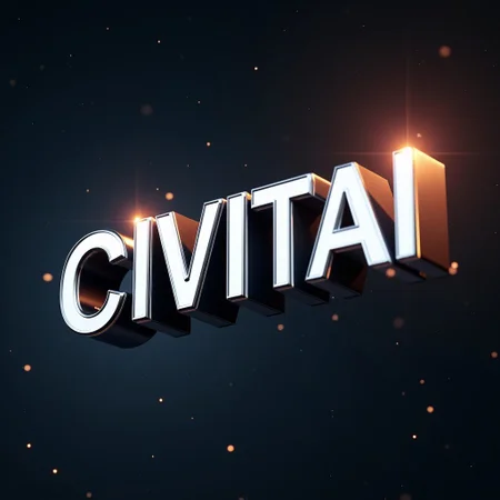 In space, the word "CIVITAI" made out of thick shiny metal floats. It is angled dynamically in 3D. There are lens flares on the edges of the word.