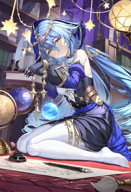 1girl, layla \(genshin impact\), solo, inkwell, quill, yellow eyes, long hair, blue hair, gloves, black gloves, white pantyhose, blue hood, pantyhose, blue sleeves, sitting, pointy ears, scroll, drill hair, book, detached sleeves, long sleeves, book stack, globe, claw ring, hair between eyes, looking at viewer, sidelocks, dress, very long hair, hood up, twin drills, hood, no shoes, lamp, hourglass, wariza, bare shoulders, parted lips, puffy sleeves, drill sidelocks, nib pen \(object\), thighlet, on floor, jewelry, black dress, twintails, bookshelf, breasts, indoors, puffy long sleeves, paper, feathers, ringlets, orb, gold trim, full body, dutch angle, medium breasts, neck ring, circlet, juliet sleeves, star \(symbol\),masterpiece,best quality,newest,absurdres,highres,very awa,<lora:alguang2_noob1.1-000178:0.9>,