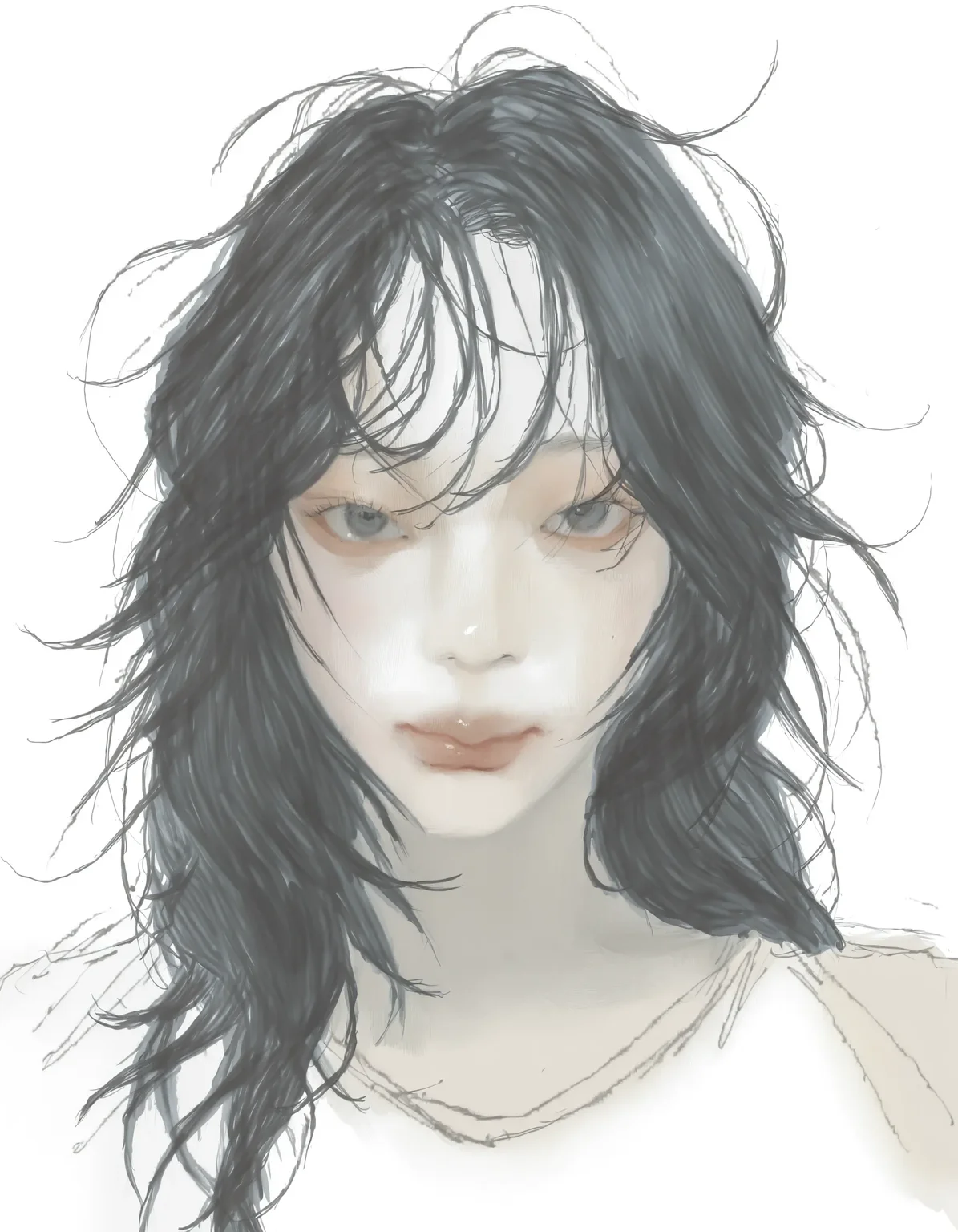 1girl, black hair, messy hair, long hair, looking at viewer, mixed media, sketch, white background, (makeup:0.2),
masterpiece, graphite \(medium\), traditional media, realistic, <lora:why:1>