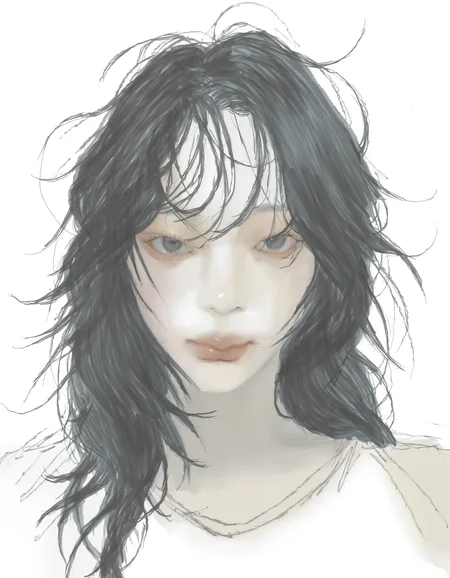 1girl, black hair, messy hair,  long hair,   looking at viewer,  mixed media, sketch, white background, (makeup:0.2), 
masterpiece, graphite \(medium\), traditional media, realistic,   <lora:why:1>