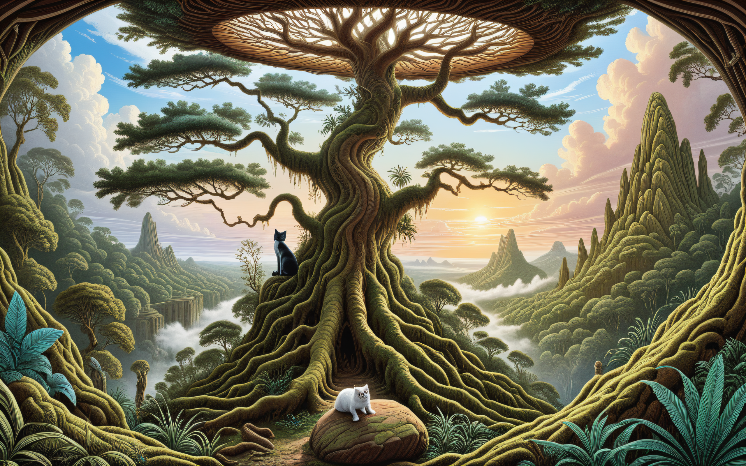 oracle cat, <lora:Projext_X2:0.9>acid-art, trippy, color line art, landscape of a (Interior Cedar Hemlock:1.2) , Tropical, at Sunrise, by Jacob van Ruisdael, Greg Rutkowski, Dutch landscape, dramatic skies, naturalism, fantasy illustration, moody atmospheres, cinematic, dramatic lighting, epic scenes, fertile, beautiful elegant, beautiful detailed supreme quality color intricate, striking, atmosphere, beautiful detailed