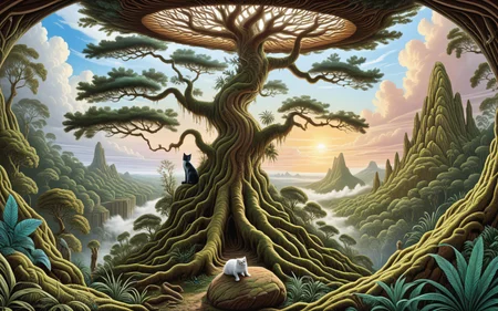 oracle cat, <lora:Projext_X2:0.9>acid-art, trippy, color line art, landscape of a (Interior Cedar Hemlock:1.2) , Tropical, at Sunrise, by Jacob van Ruisdael, Greg Rutkowski, Dutch landscape, dramatic skies, naturalism, fantasy illustration, moody atmospheres, cinematic, dramatic lighting, epic scenes, fertile, beautiful elegant, beautiful detailed supreme quality color intricate, striking, atmosphere, beautiful detailed