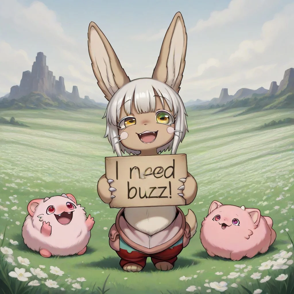 masterpiece,best quality,amazing quality,very aesthetic,high resolution,ultra-detailed,feral,absurdres,newest, 2 characters, nanachi, rabbit, smiling, mitty, made in abyss, white fur, blobby, long claws, one eye, monstrosity, cute, chibi, need_buzz, holding sign, text saying "need buzz", detailed background, field, white flowers
