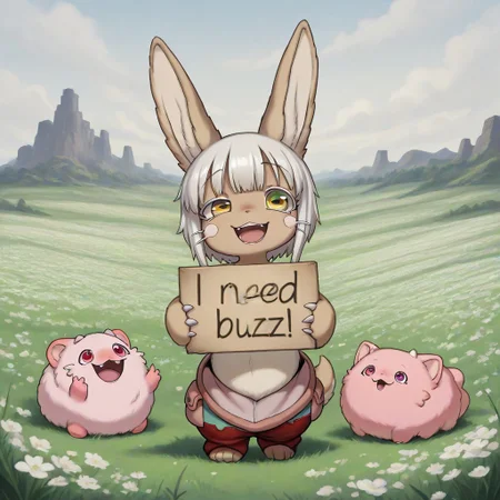 masterpiece,best quality,amazing quality,very aesthetic,high resolution,ultra-detailed,feral,absurdres,newest, 2 characters, nanachi, rabbit, smiling, mitty, made in abyss, white fur, blobby, long claws, one eye, monstrosity, cute, chibi, need_buzz, holding sign, text saying "need buzz", detailed background, field, white flowers