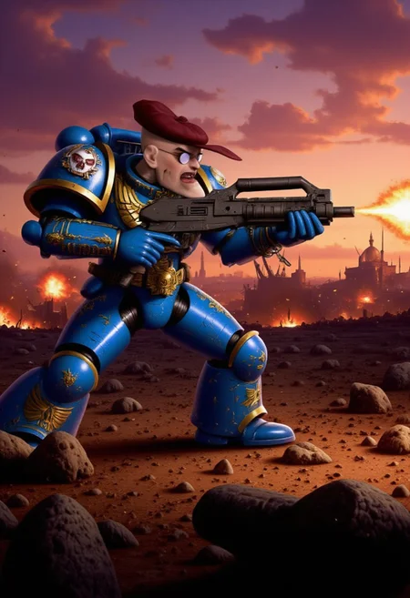A **highly detailed** semi-realistic **anime-style** digital painting of an Ultramarine space marine in full, detailed power armor, featuring the distinctive blue and gold color scheme and the Ultramarine chapter emblem on the shoulder pads. The marine is in the middle of a battle, firing a heavy bolter with both hands. His head is replaced by the character Eustace Bagge, who is laughing like Villain,  from Courage the Cowardly Dog, with his classic annoyed expression, glasses, and small brown hat. The marine is yelling fiercely as he shoots, and the scene is set in a chaotic battlefield with explosions and gunfire in the background, silhouetted, chiascuro, sunset. glowing energy effects from the bolter's muzzle flare and a dystopian, war-torn environment. The absurdity of Plank's presence adds a surreal, darkly comedic tone to the otherwise grim and epic sci-fi setting