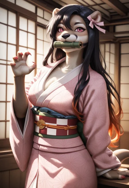 score_9, score_8_up, score_7_up, source_furry, beautiful female otter furry ,1 girl(otter), middle breasts,detailed face,kind look, bit gag, gag, japanese clothes, long hair, kimono, pink kimono, black hair, bamboo,  claw pose, pink eyes, solo, ribbon, asa no ha (pattern), haori, red nails, hair ribbon, checkered sash, sash, obi, fingernails, gagged, sharp fingernails, mouth hold, pink nails, pink ribbon, hc, ,castle room background(night,dark),Furry antro otter dressed like  Nezuko, solo