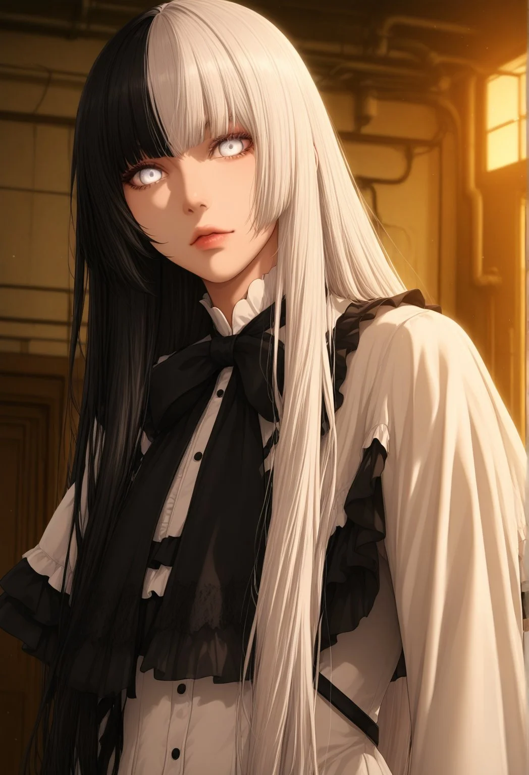 anime_coloring, solo, 1boy, otoko_no_ko, jiip_stomach, split-color_hair, black hair, white hair, dress, gothic dress, white dress, white eyes, lips, looking at viewer, indoors, factory,